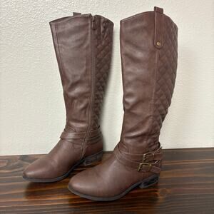 Dream Pairs Women’s Knee High Brown Quilted Textured Zipper Boots Gold Buckles